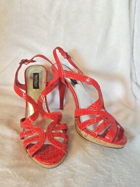 White House Black Market Red Croc-Embossed Strappy High Heels
